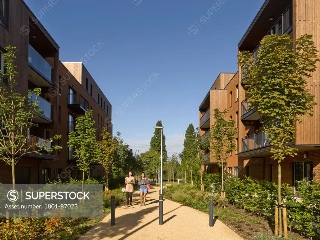Kidbrooke Village, London, United Kingdom. Architect Lifschutz Davidson Sandilands, 2013. Green pedestrian walkway.