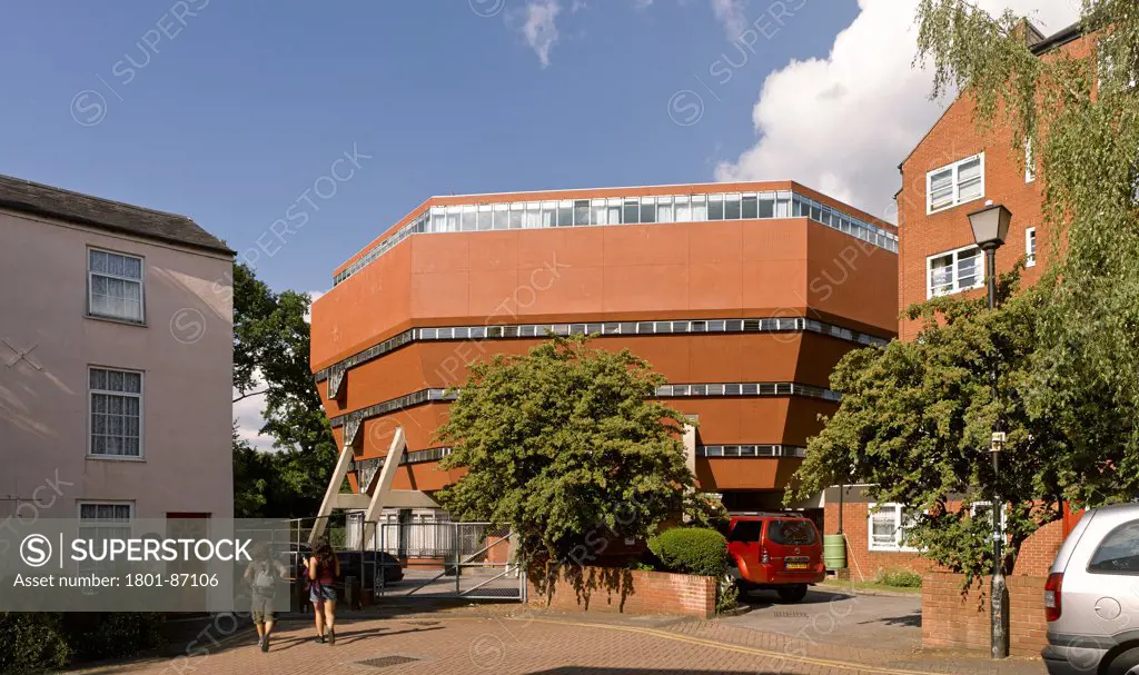 The Florey Building, Oxford, United Kingdom. Architect Sir James Stirling, 1971. Rear elevation.
