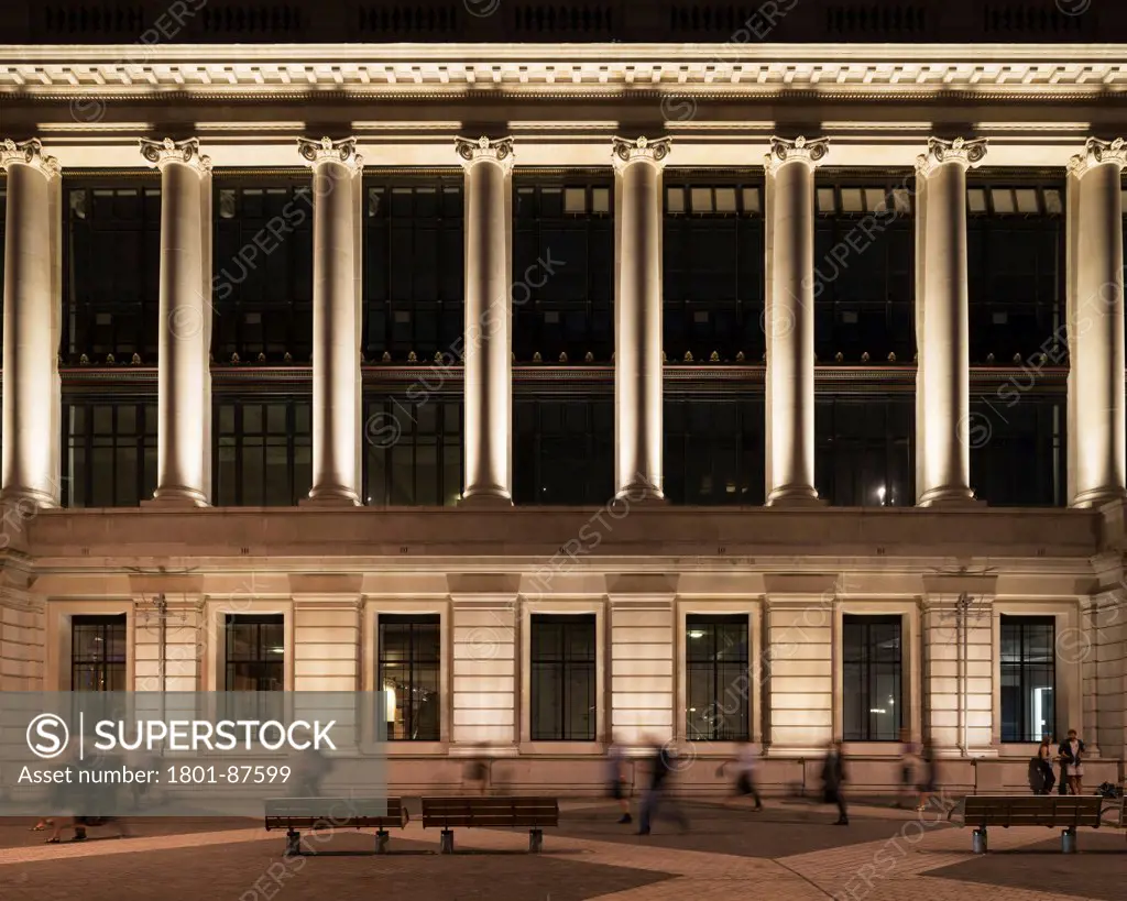 The Science Museum at night, London, United Kingdom. Architect Richard Allison and DHA, 2013. Facade view from street.