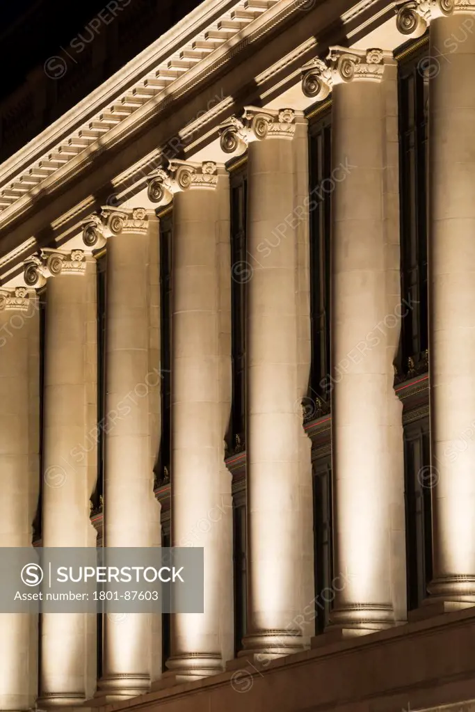 The Science Museum at night, London, United Kingdom. Architect Richard Allison and DHA, 2013. Facade detail.