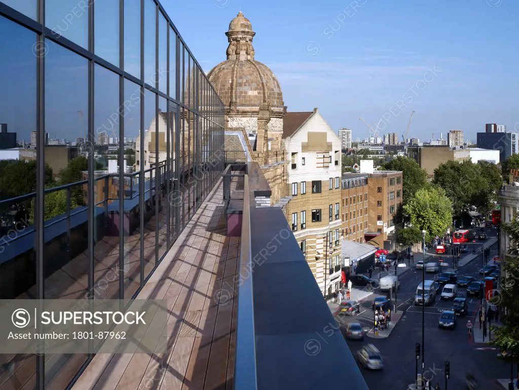 Pentonville Road, London, United Kingdom. Architect Stiff + Trevillion Architects, 2012. Looking east form balcony.