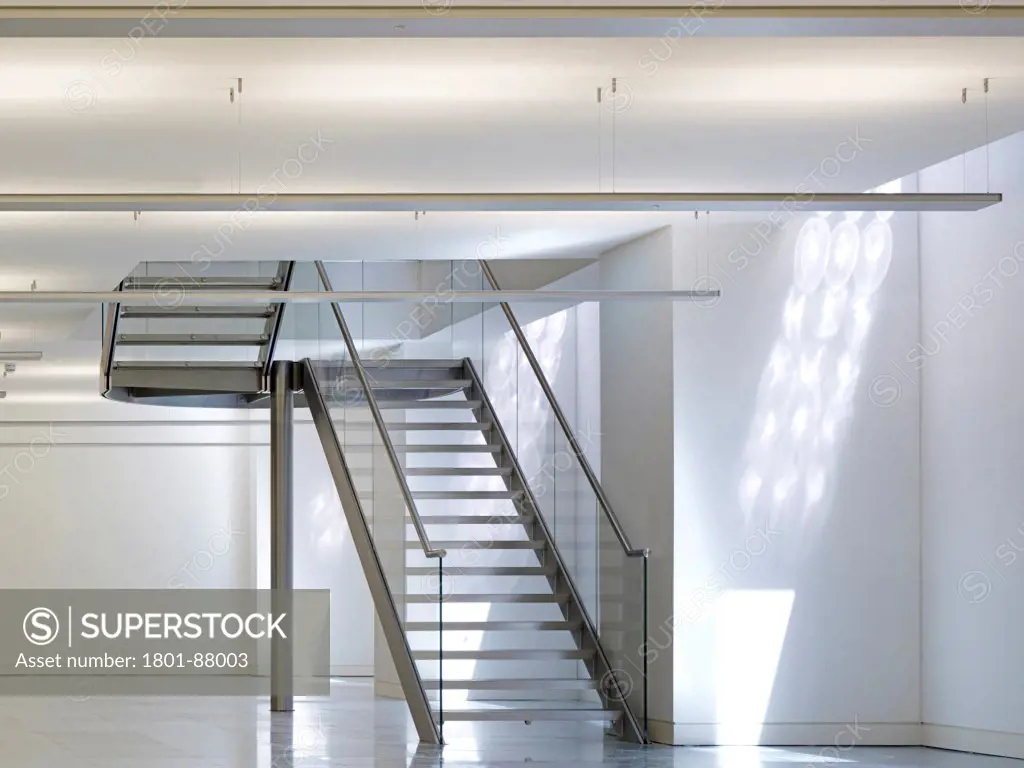 One Valentine Place, London, United Kingdom. Architect Stiff + Trevillion Architects, 2013. Unfurnished office area with stairway.