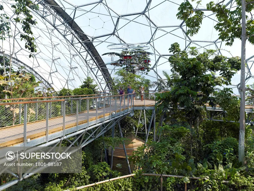Eden Walkway at Eden Project, Bodelva, United Kingdom. Architect Jerry Tate Architects, 2013. Walkway bridge and platform under dome structure.