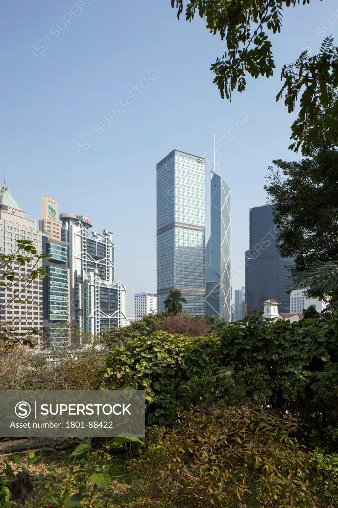 HSBC Head Quarters Hong Kong, Hong Kong, Hong Kong. Architect Foster + Partners, 1985. Distance shot of the HSBC tower. Also in this shot are the Bank of China and Cheung Kong center.