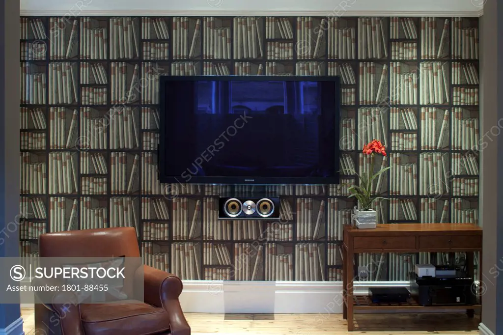 Dents Road, London, United Kingdom. Architect h2 Architecture, 2012. Detail of television room.