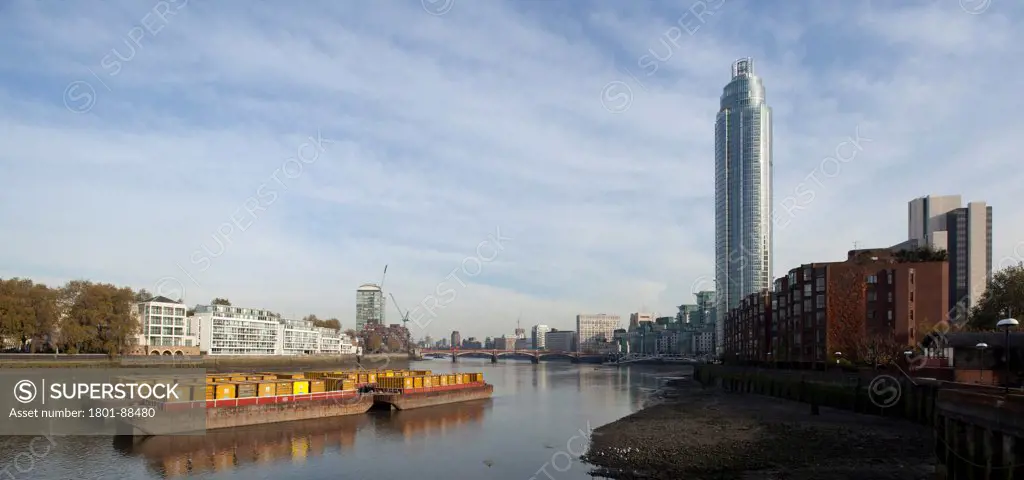 St George Wharf Tower, London, United Kingdom. Architect Barton Willmore, 2013. Panoramic wide shot from south bank.