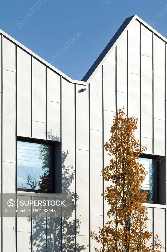 Phoenix Community Housing / The Green Man, London, United Kingdom. Architect Black Architecture Limited, 2013. Detail of cladding with tree.