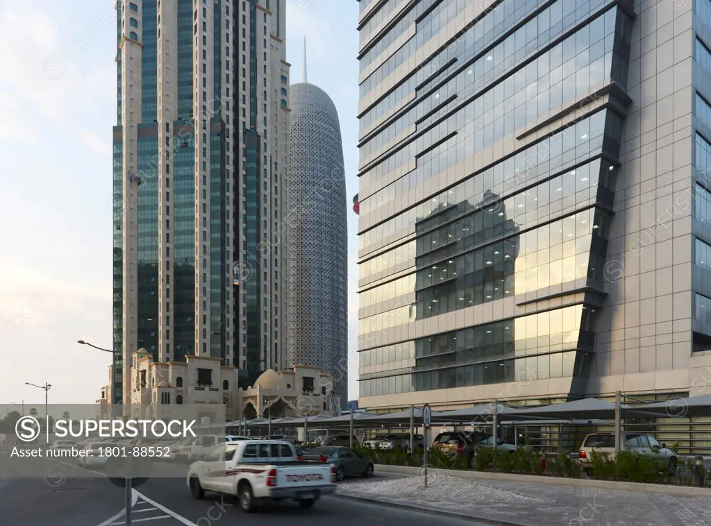 Burj Qatar, Doha Tower, Doha, Qatar. Architect Ateliers Jean Nouvel, 2012. The building is photographed within Doha's skyline.