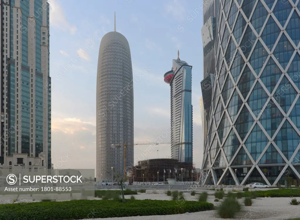 Burj Qatar, Doha Tower, Doha, Qatar. Architect Ateliers Jean Nouvel, 2012. Doha Tower within contextual skyline, Vortex Tower on the right side.