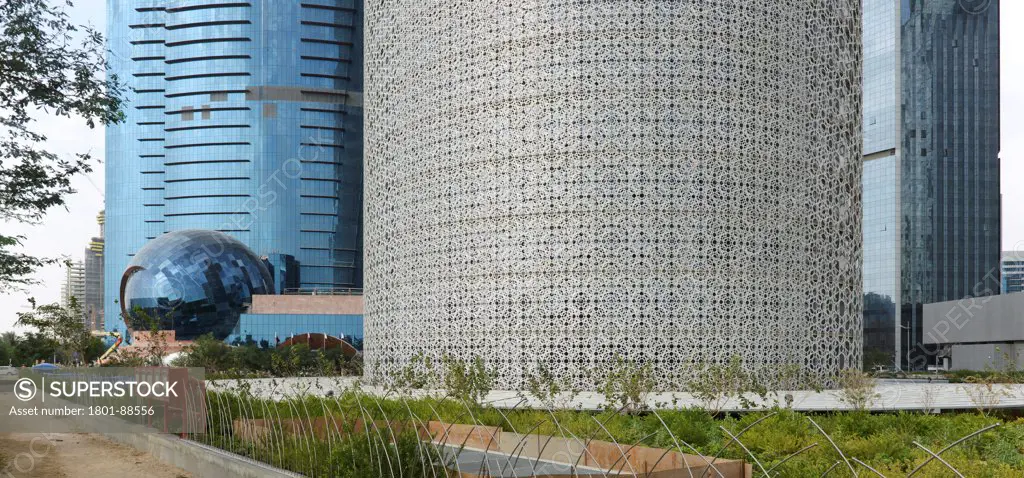 Burj Qatar, Doha Tower, Doha, Qatar. Architect Ateliers Jean Nouvel, 2012. Partial view from the corniche.