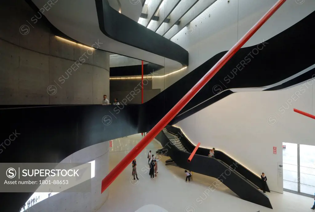 Maxxi, Rome, Italy. Architect Zaha Hadid, 2009. Interior view of staircases and suspended corridors.