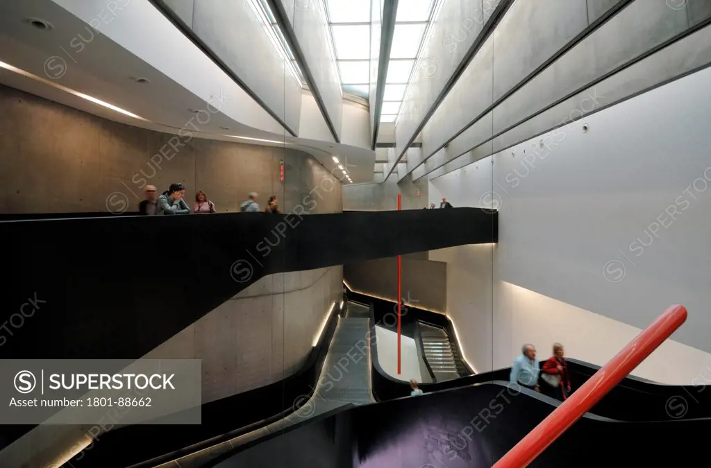 Maxxi, Rome, Italy. Architect Zaha Hadid, 2009. Interior view of staircases and suspended corridors.