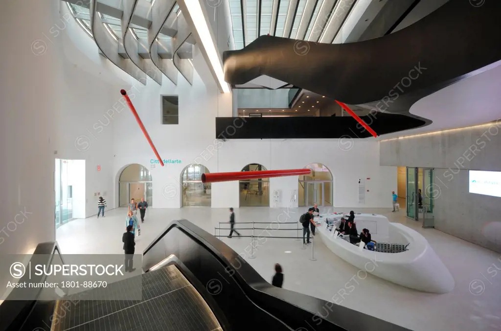 Maxxi, Rome, Italy. Architect Zaha Hadid, 2009. View of the entrance hall of the museum, from main staircase.