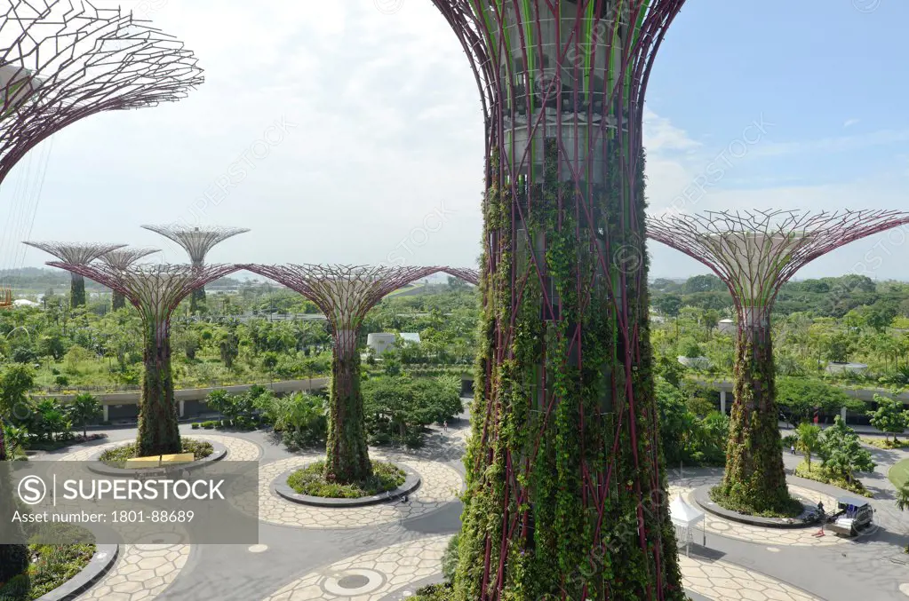 Gardens by the Bay, Singapore, Singapore. Architect Grant Associates, 2012. Elevated iew of the garden with 'Supertrees'.