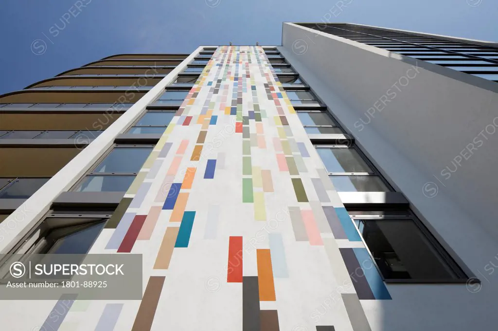 Great West Quarter with Alison Turnbull Artwork, Brentford, United Kingdom. Architect Assael Architecture Ltd, 2013. View of Alison Turnbull Artwork looking up from bottom.