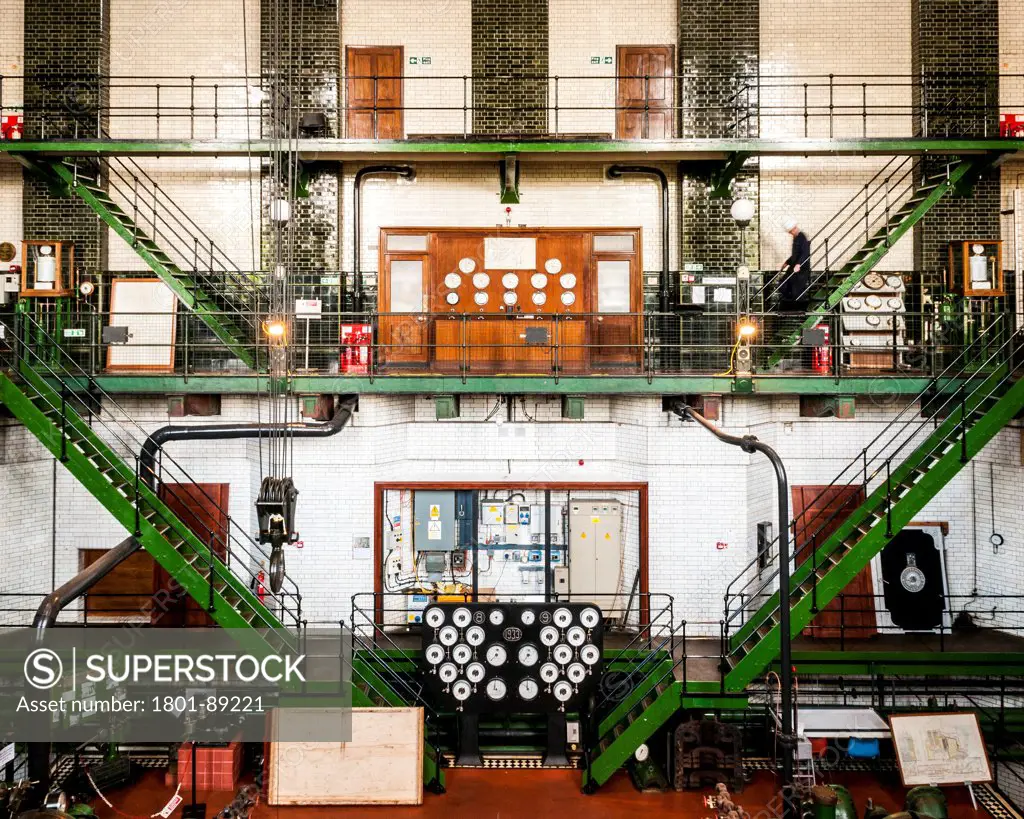 Kempton Park Waterworks, Kempton Park, United Kingdom. Architect unknown, 1929. Interior with stairs and instruments.