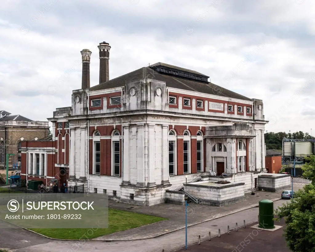 Kempton Park Waterworks, Kempton Park, United Kingdom. Architect unknown, 1929. Overall view of building.