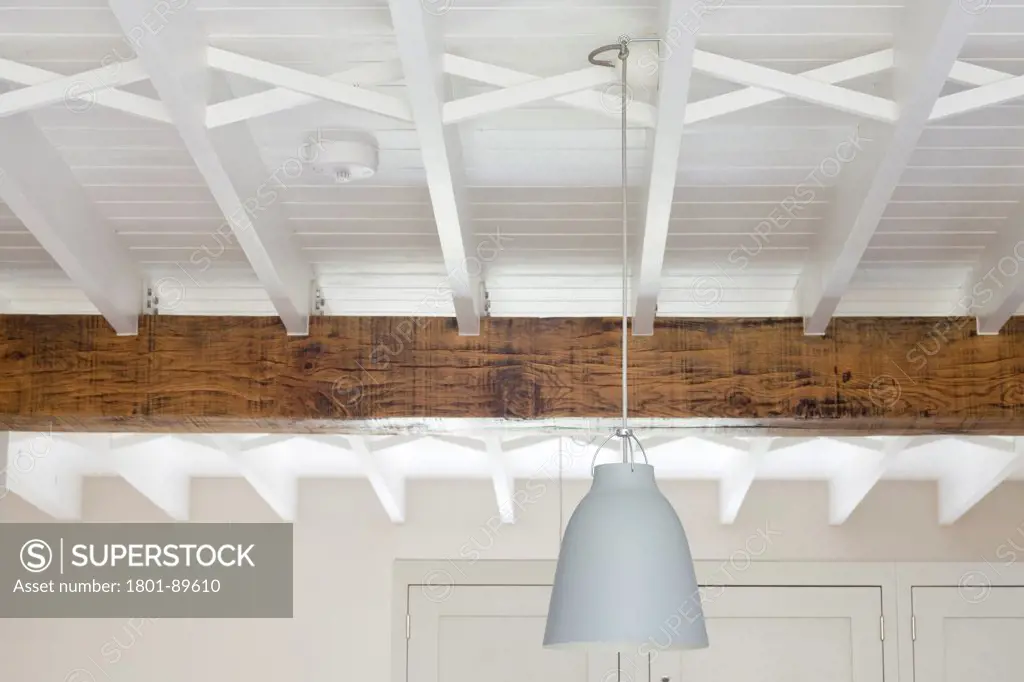 Dorset Road, London, United Kingdom. Architect: Sam Tisdall Architects, 2014. Detailed view of ceiling, light and wooden beam.