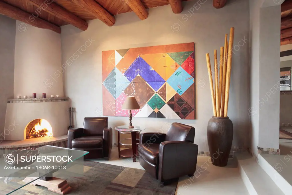 Contemporary southwestern living room with ceiling beams