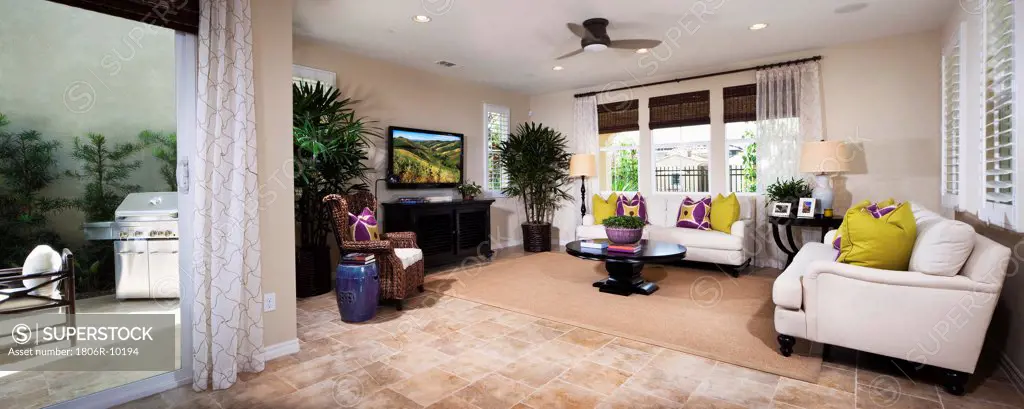 Modern living room with patio access, Azusa, California, USA. 08/22/2012