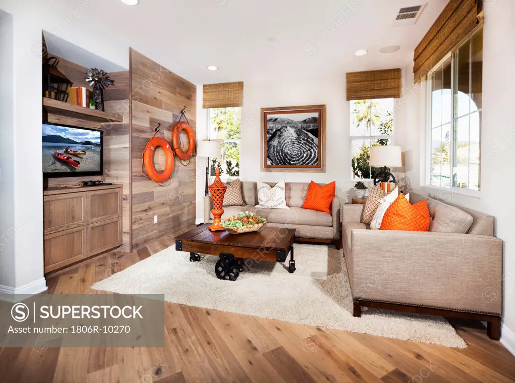 Living room with sofas and hardwood flooring, San Marcos, California, USA. 02/28/2013