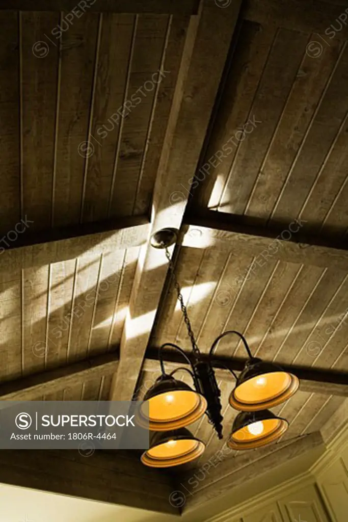 Light Fixture and Vaulted Wood Beam Ceiling