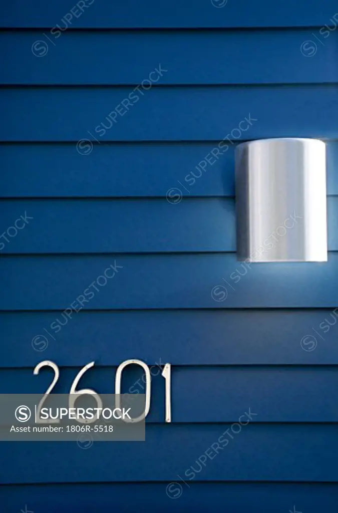 Modern House Numbers and Light on Blue Siding