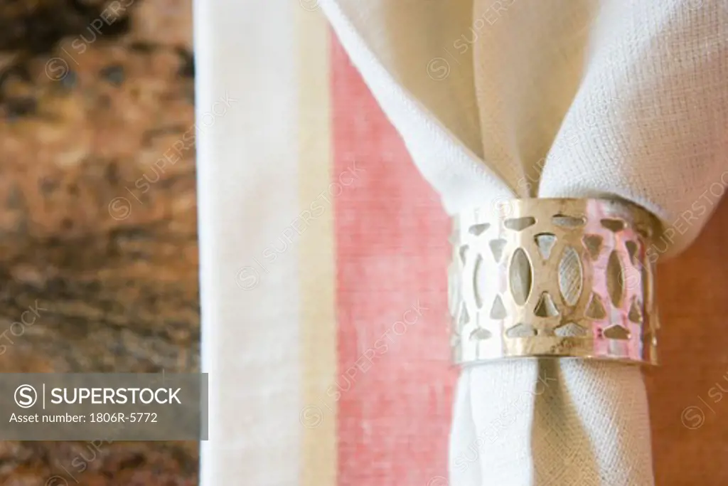 Place setting with napkin with napkin ring, close up