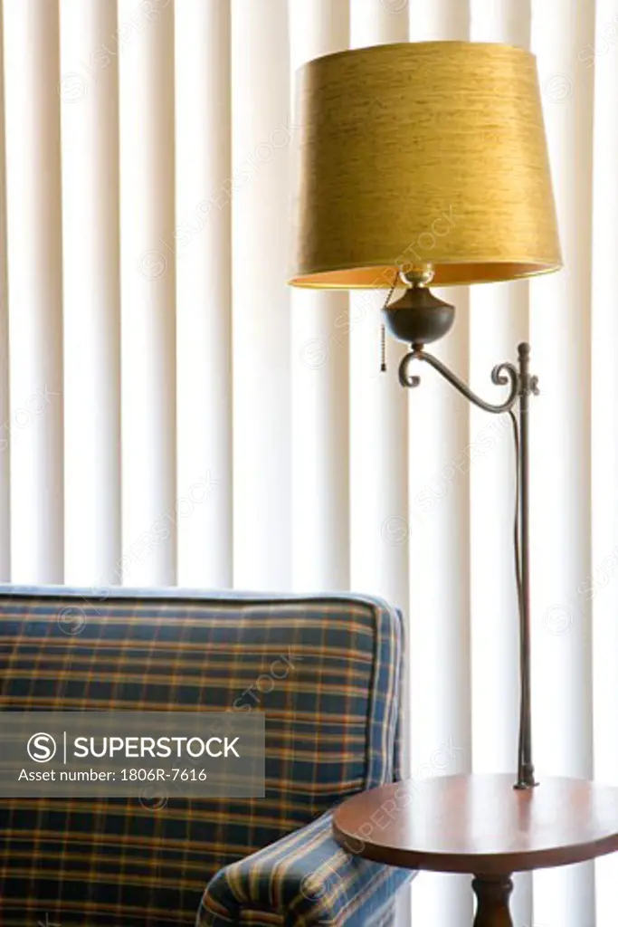 Detail of a small plaid couch by a floor lamp