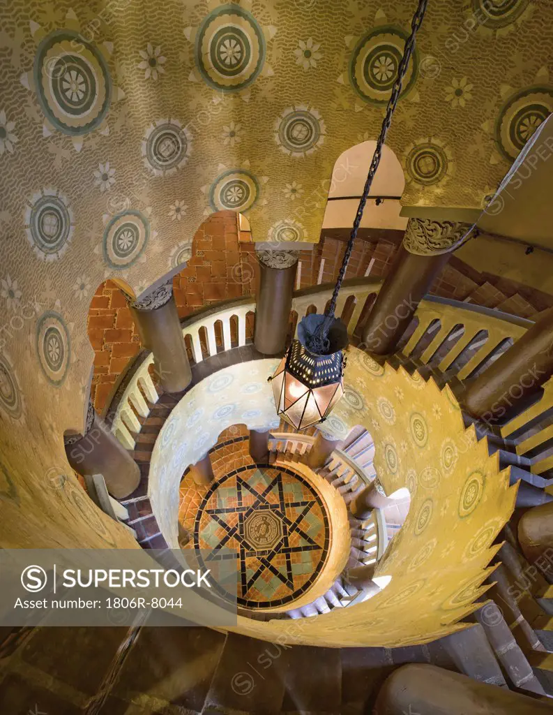 View down grand spiral staircase