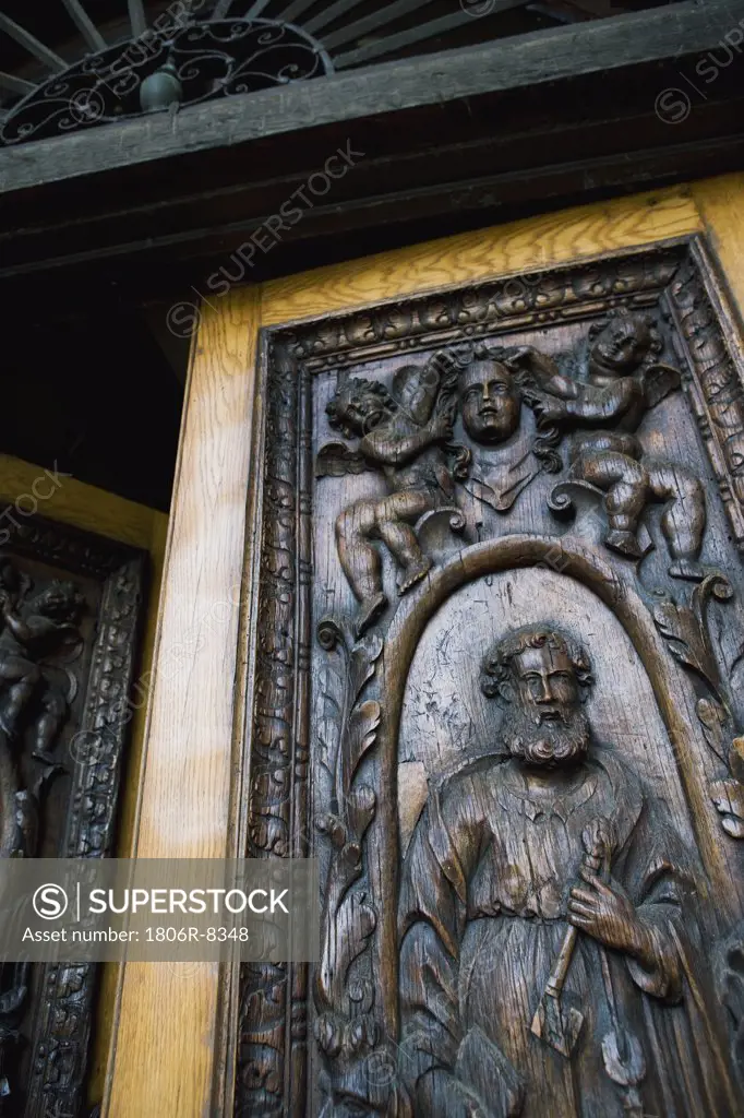 Detail hand carved wooden door