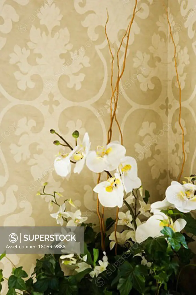Artificial flowers in front of printed wall paper