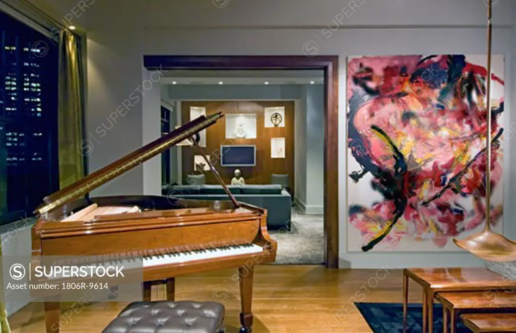 Baby grand piano in modern living room