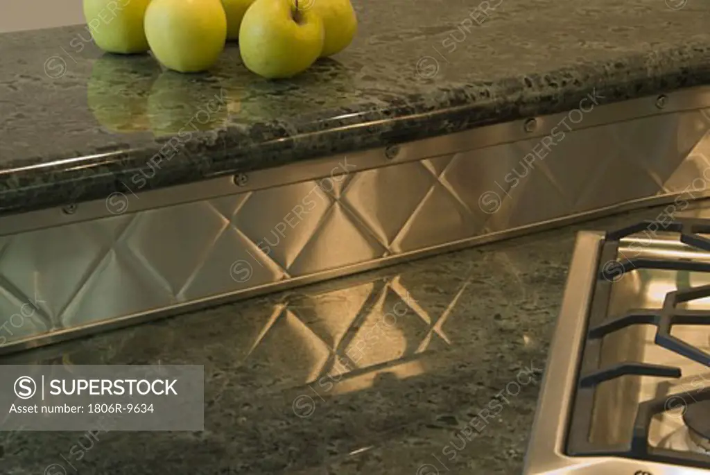 Diner style kitchen counter with apples