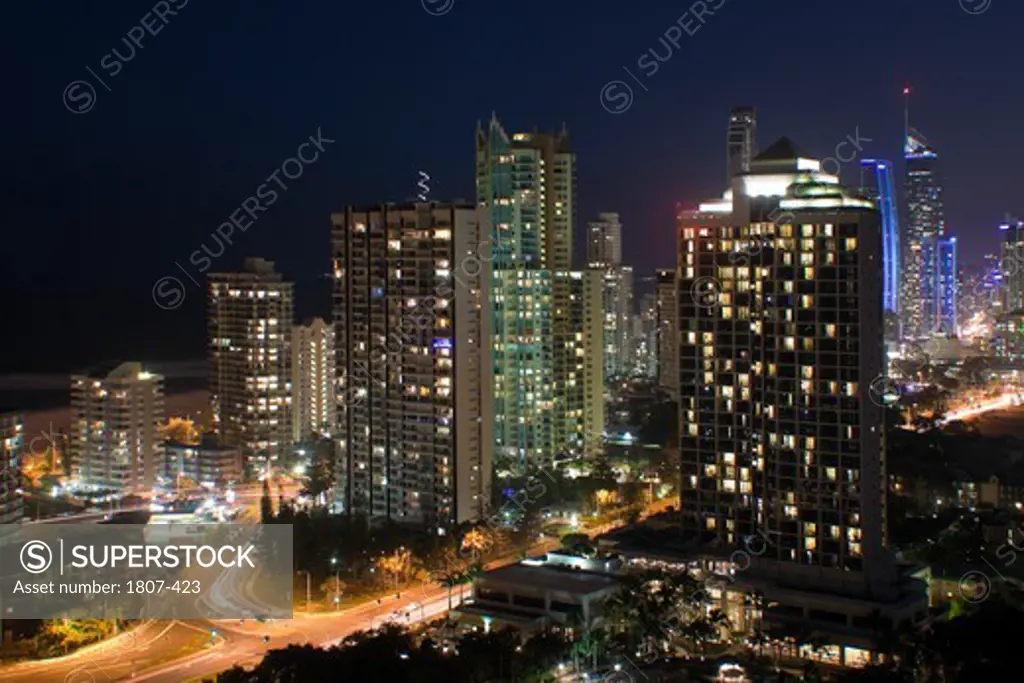 Australia, Queensland, Gold Coast, Skyline at night