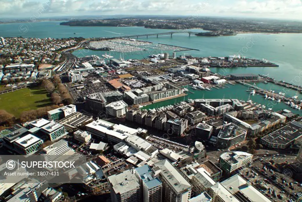 New Zealand, Auckland, Aerial view of city and harbour