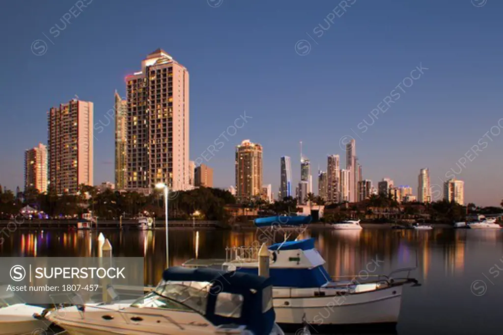 Australia, Gold Coast, Surfer Paradise, City skyline at dusk