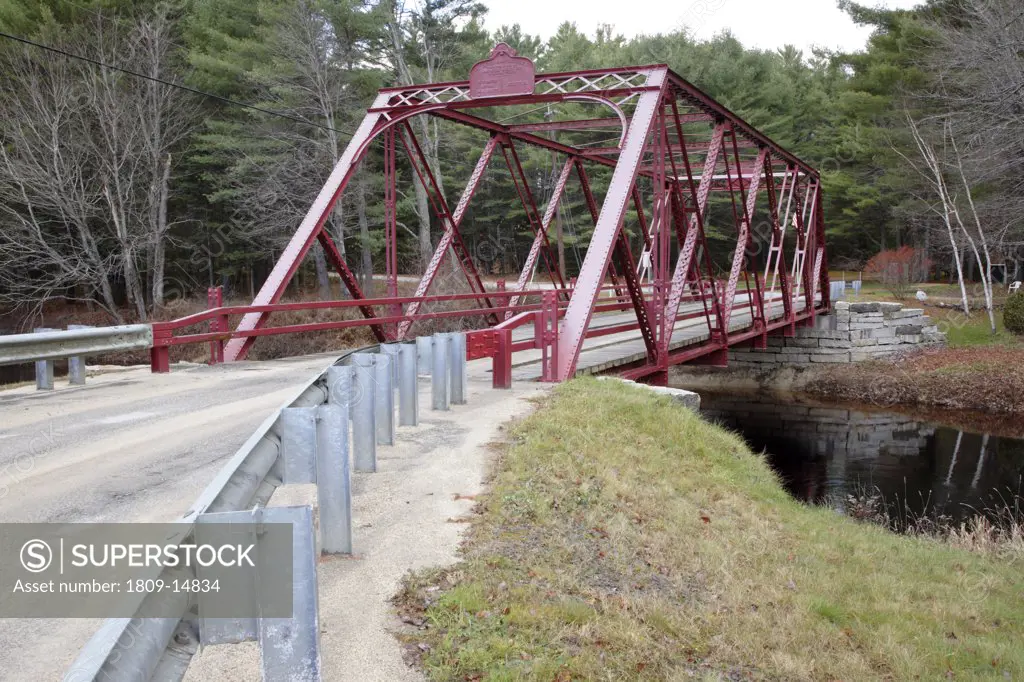 Ryefield Bridge during the autumn months. Located in Otisfield, Maine USA...This is the last remaining suspension bridge of its style in the State of Maine and is listed on the National Register of Historic Places