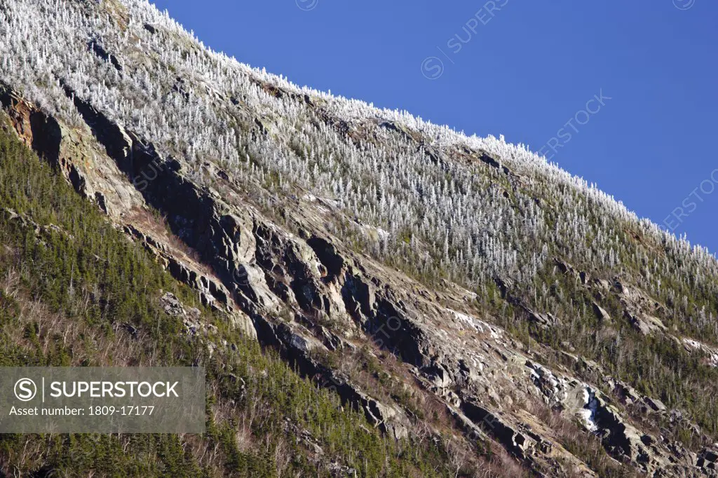 The cliffs of Mount Webster from the Mt Willard Section House site along the old Maine Central Railroad in Crawford Notch State Park of the White Mountains, New Hampshire USA.