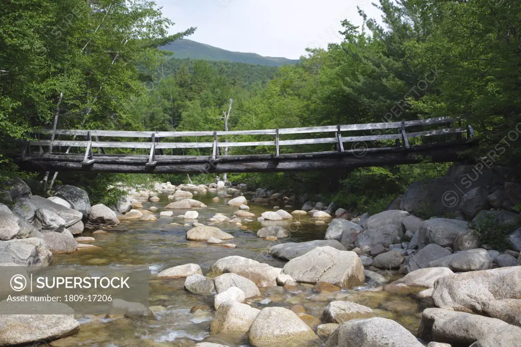 Foot bridge along the Thoreau Falls Trail at North Fork Junction in the 
Pemigewasset Wilderness, New Hampshire. This bridge spanned the East 
Branch of the Pemigewasset River; the bridge was removed in 2018/2019, and hikers now have to ford this 
water crossing.