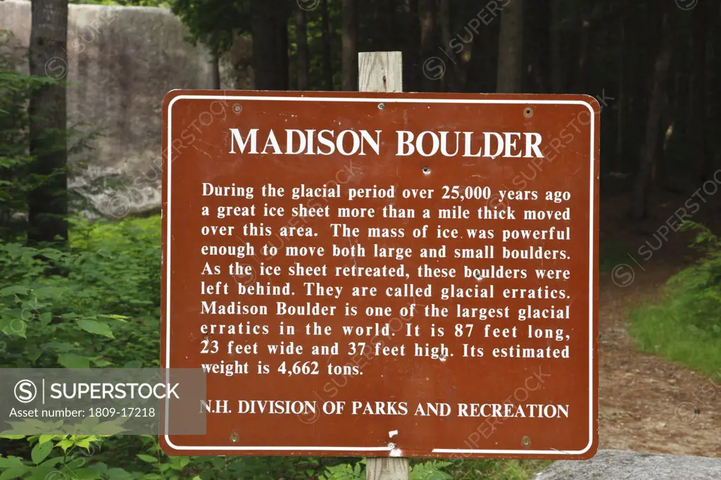 Madison Boulder in Madison, New Hampshire US. Madison Boulder is one of the largest glacial erratics in the world. 87 feet long, 23 feet wide and 37 feet high