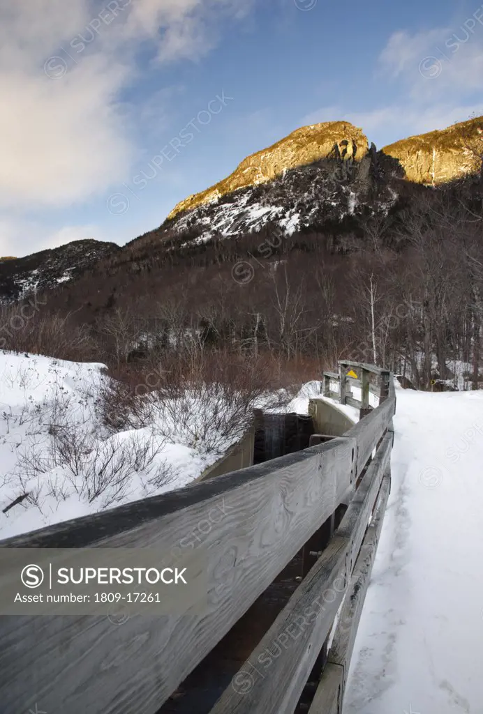 Franconia Notch State Park - Scenic view along the Faranconia Bike Path during the winter months in the White Mountains, New Hampshire USA