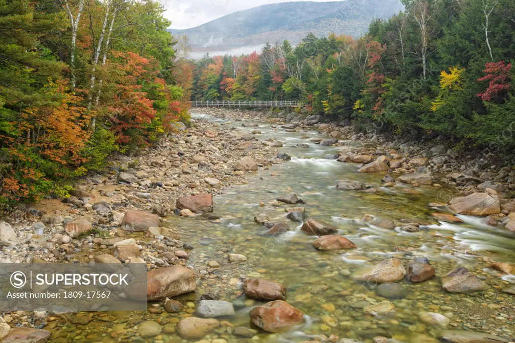 East Branch of the Pemigewasset River near the Lincoln Woods Trailhead during the autumn months in Lincoln, New Hampshire USA