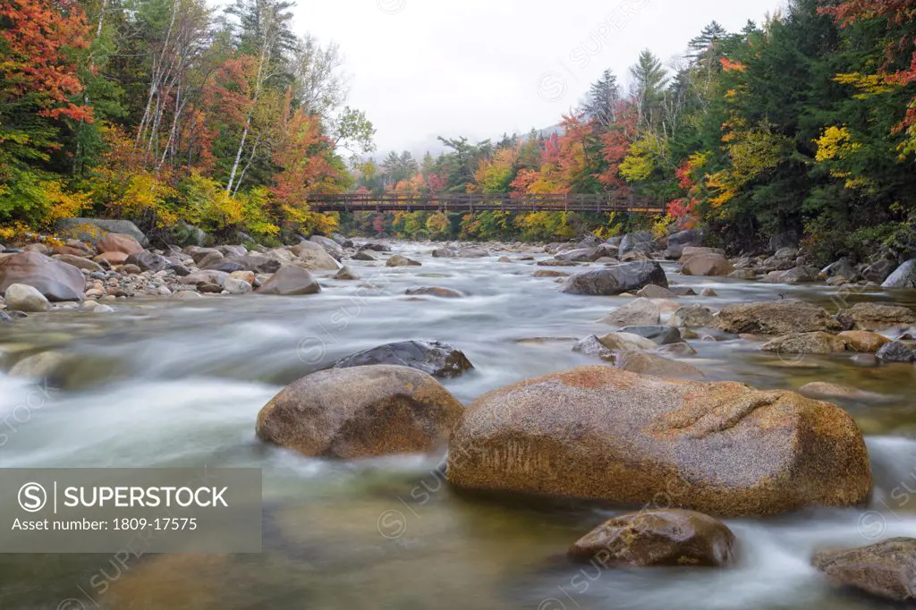 East Branch of the Pemigewasset River near the Lincoln Woods Trailhead during the autumn months in Lincoln, New Hampshire USA