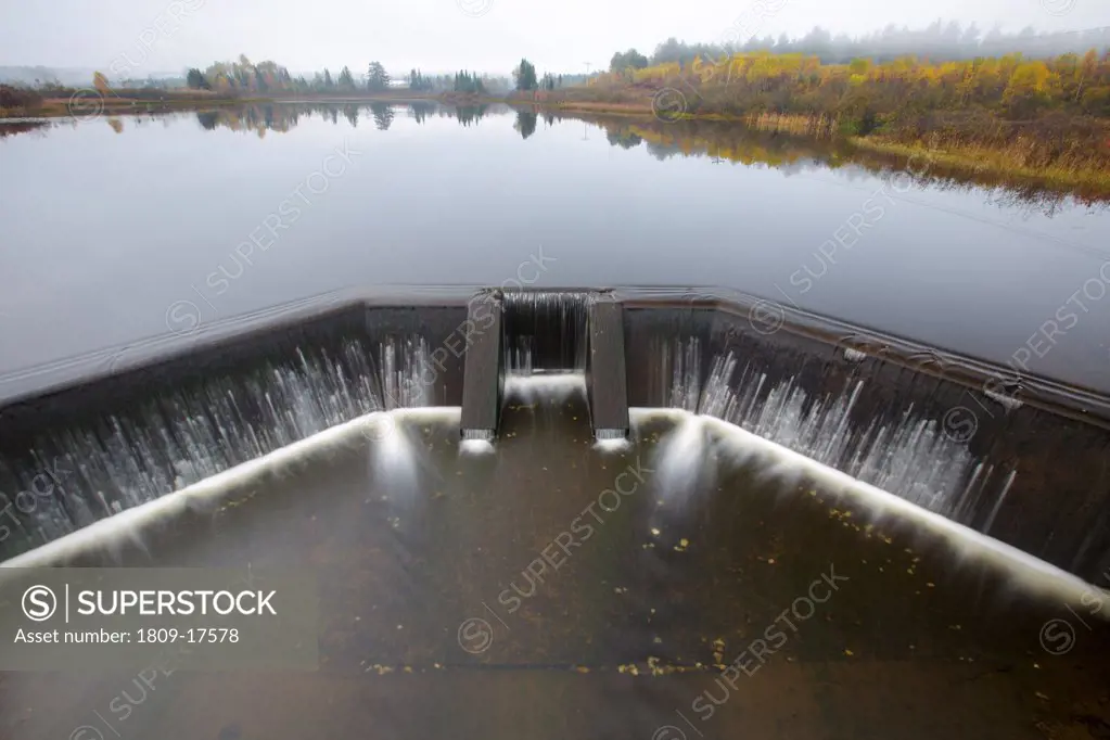 Dam at Airport Marsh near Mt Washington Regional Airport in Whitefield, New Hampshire USA during foggy conditions