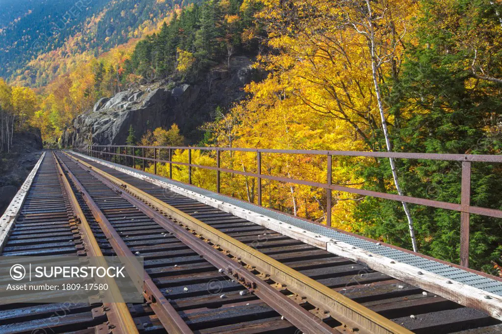 Crawford Notch State Park - Willey Brook Trestle along the old Maine Central Railroad in the White Mountains, New Hampshire USA during the autumn months. This railroad is now used by the Conway Scenic Railroad