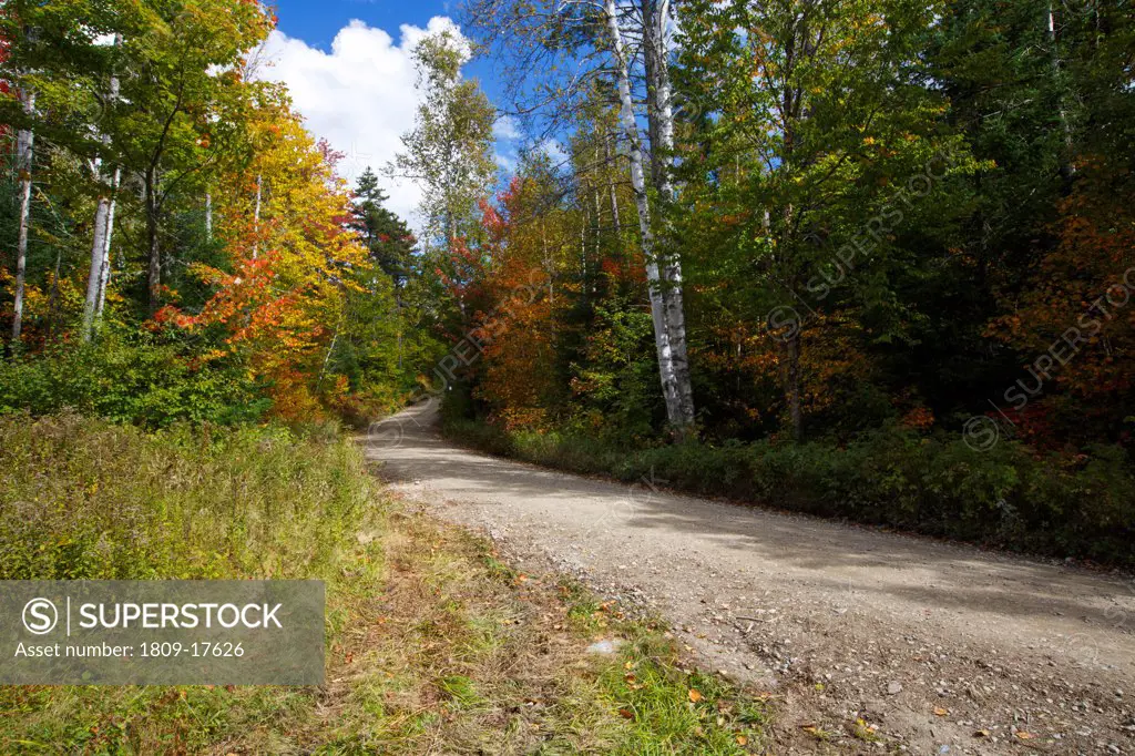 Old Jefferson Turnpike (now Old Cherry Mountain Road) in the White Mountains, New Hampshire during the autumn months.