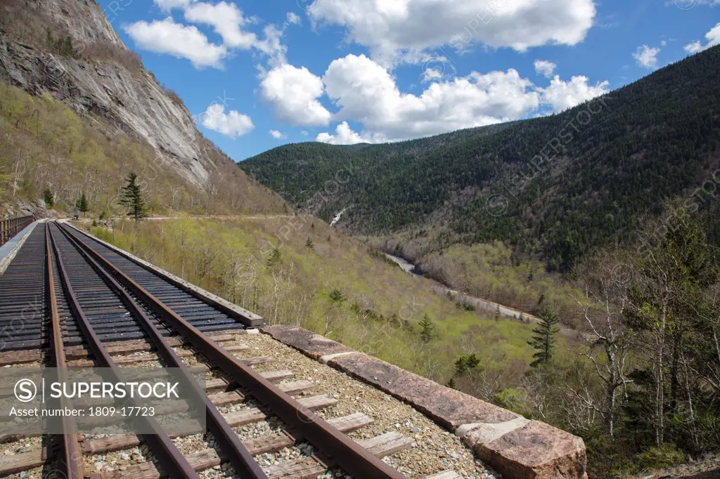 Crawford Notch State Park - Willey Brook Trestle along the old Maine Central Railroad in the White Mountains, New Hampshire USA during the spring months. This railroad is now used by the Conway Scenic Railroad