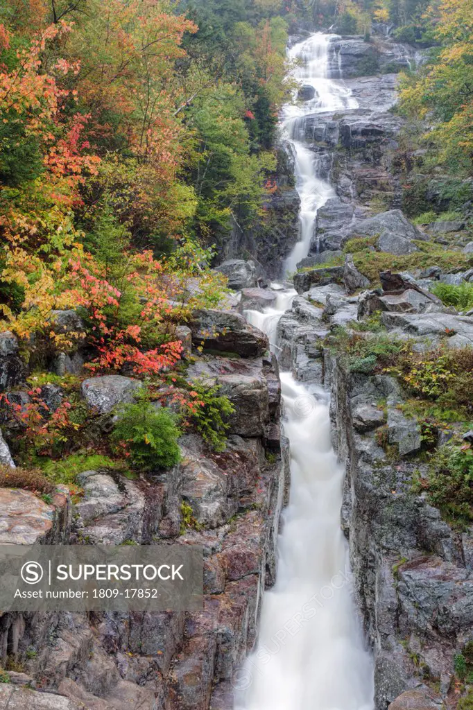 Crawford Notch State Park - Silver Cascades in the White Mountain National Forest of New Hampshire USA during a rainy and foggy day