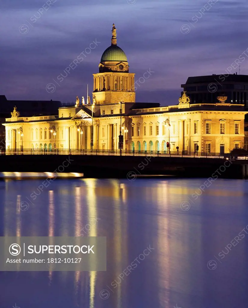 Dublin,Co Dublin,Ireland,Custom House on Liffey river illuminated at dusk